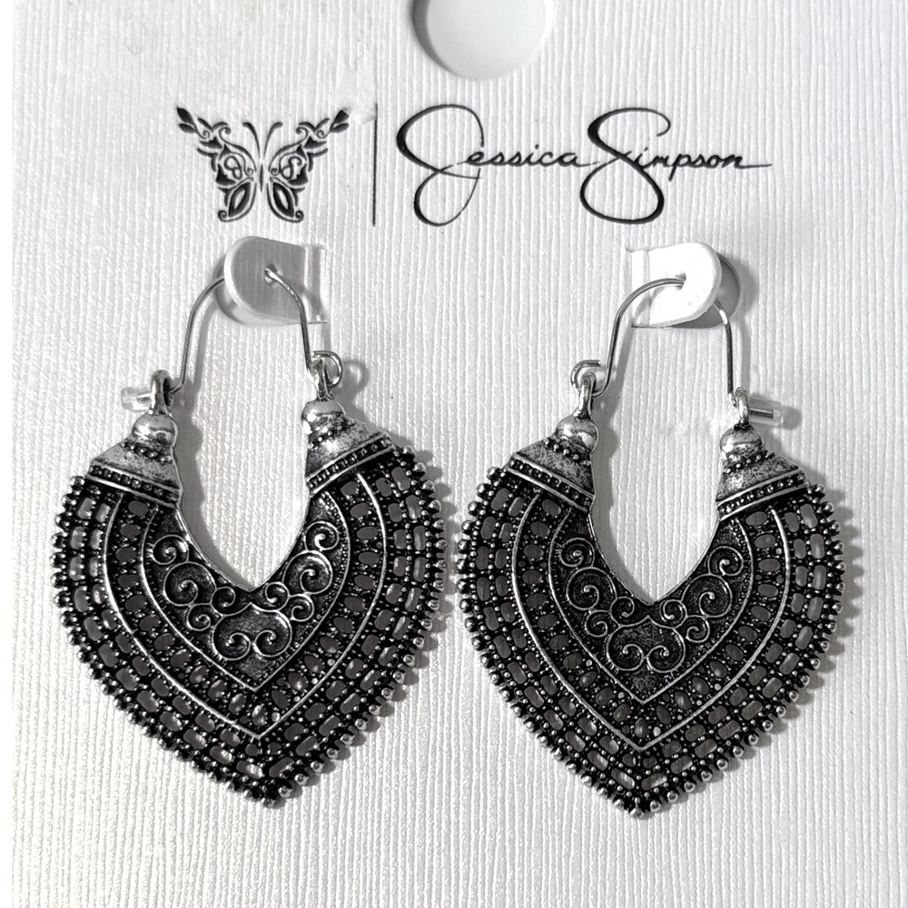 Jessica Simpson Silver Tone Filigree Heart Drop Hoop Earrings Boho Statement